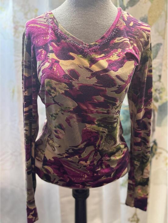 Tribal Tops - Long Sleeve V-Neck Top with Purple and Green Abstract Pattern